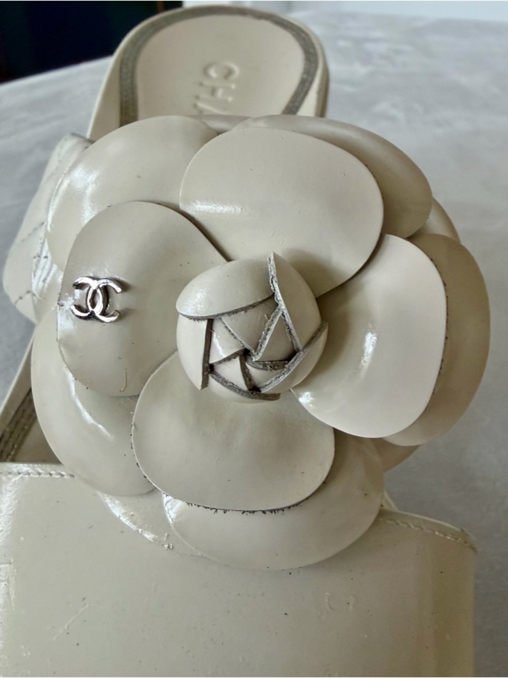 CHANEL Matelasse Leather Block Heel Slides, Camelia w/CCs,box, cream, 36.5C - Picture 10 of 16